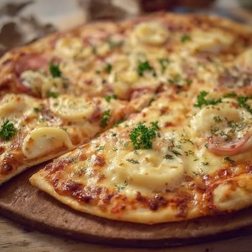 Pizza aux 3 fromages garnie de mozzarella, parmesan et bleu