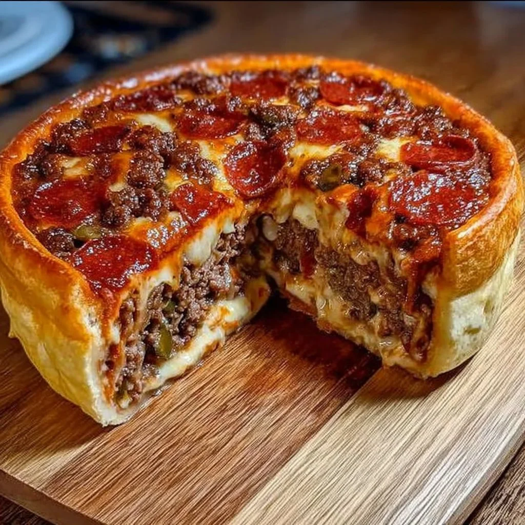 Une délicieuse pizza à croûte épaisse garnie de fromage et de toppings variés.