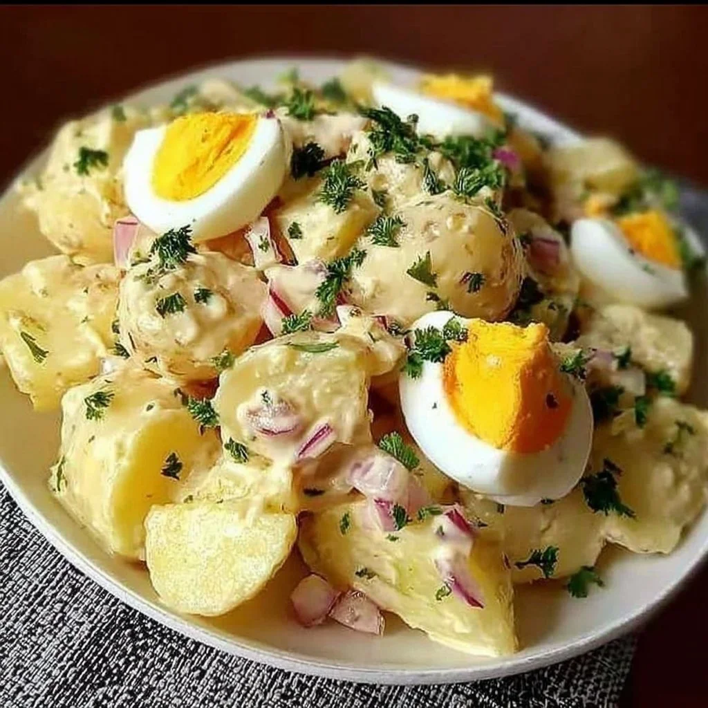 Salade de pommes de terre aux œufs garnie d'herbes fraîches