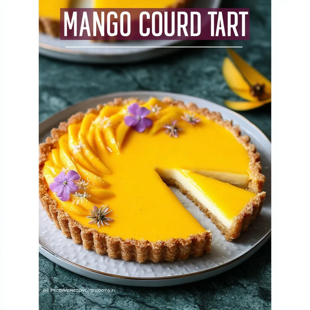 Tarte au curd de mangue garnie de fruits exotiques sur une assiette.