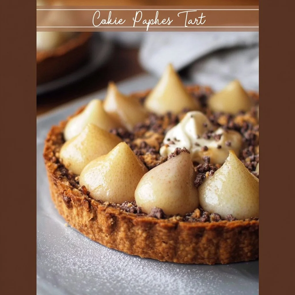 Tarte aux Cookies et Poires, un dessert appétissant avec une garniture sucrée.