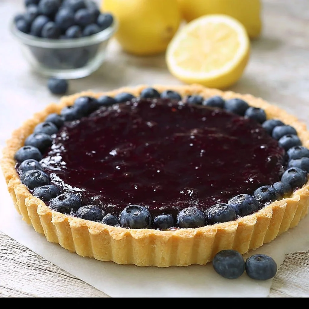 Tarte aux myrtilles et citron curd présentée sur une table en bois