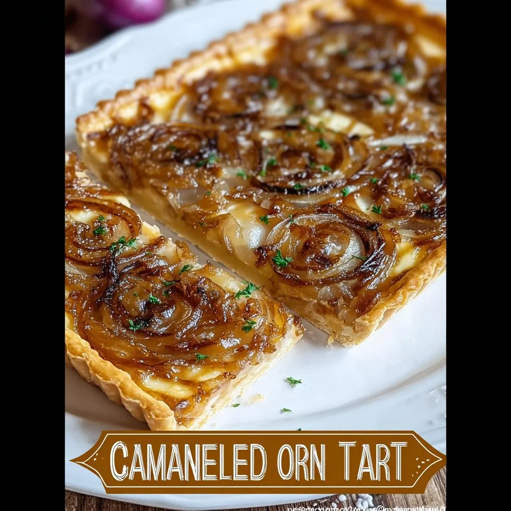 Tarte aux oignons caramélisés dorée, garnie d'oignons sucrés et d'herbes fraîches.