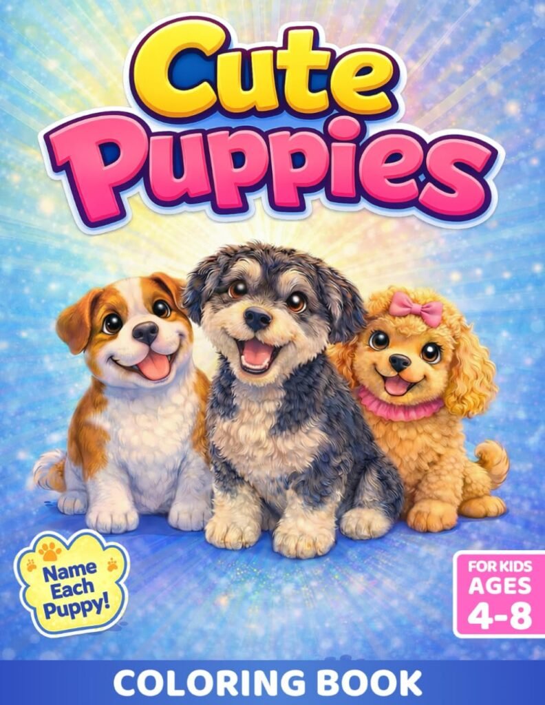 Cute Puppies Coloring Book for Kids 4-8: Adorable Illustrations of 30 Dog Breeds to Color, Learn, and Relax. Ideal for C - Product cover